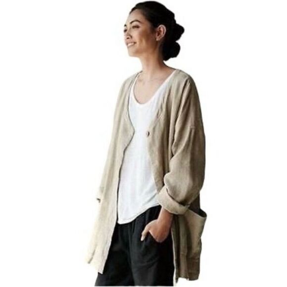EILEEN FISHER UNNATURAL LINEN HOPSACK V - NECK BOXY JACKET Size Small - Picture 1 of 8
